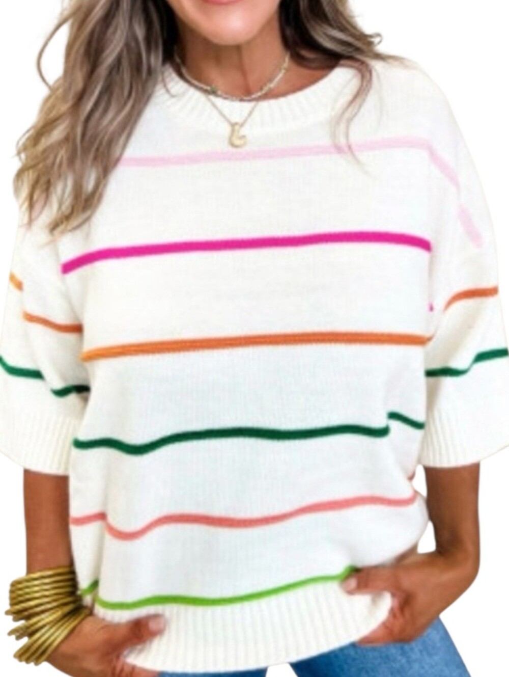 NWT Lomon White Striped 3/4 Sleeve Sweater Size Large